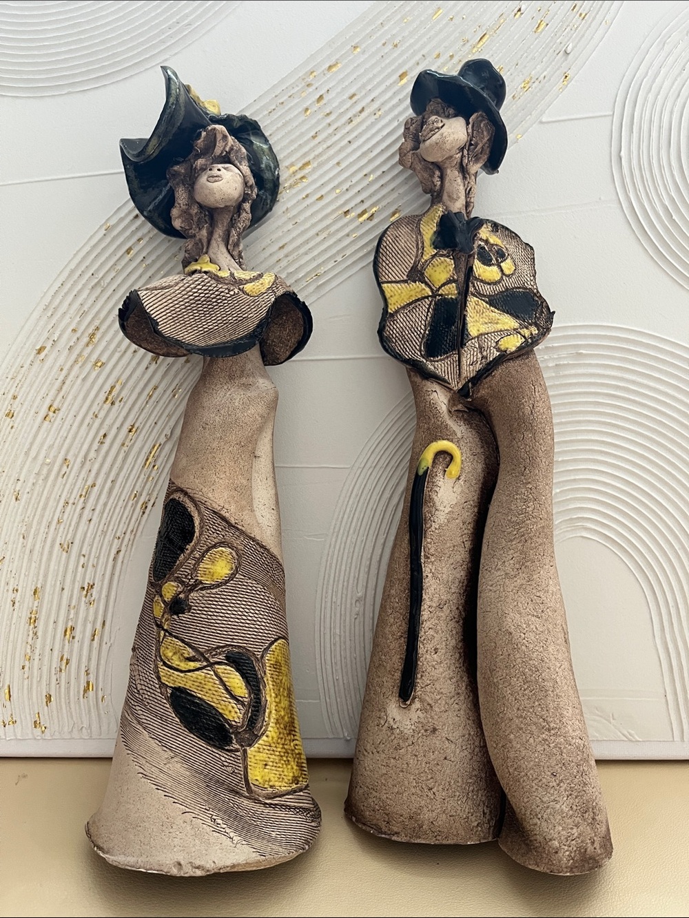 Handcrafted Ceramic Couple Figurines in Beige and Yellow